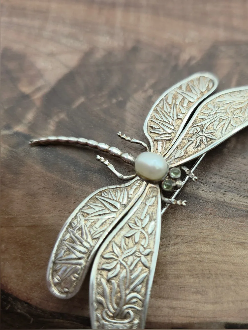Vintage Dragonfly Insect Brooch Pearl Repousse Art Nouveau 925 Sterling Silver